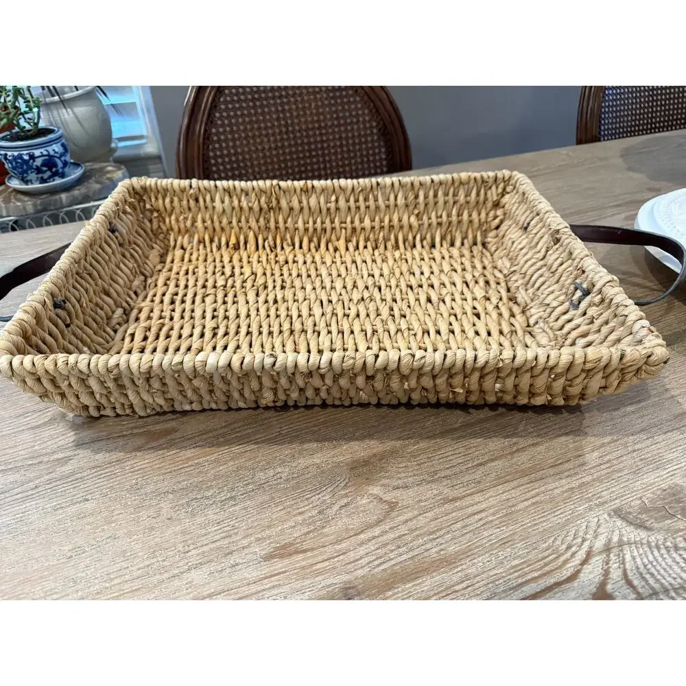 Seagrass Woven Low Rectangular Basket Faux Leather Handles